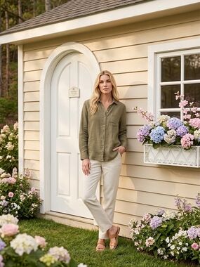 Universal Thread Olive Green Linen Button-Front Shirt